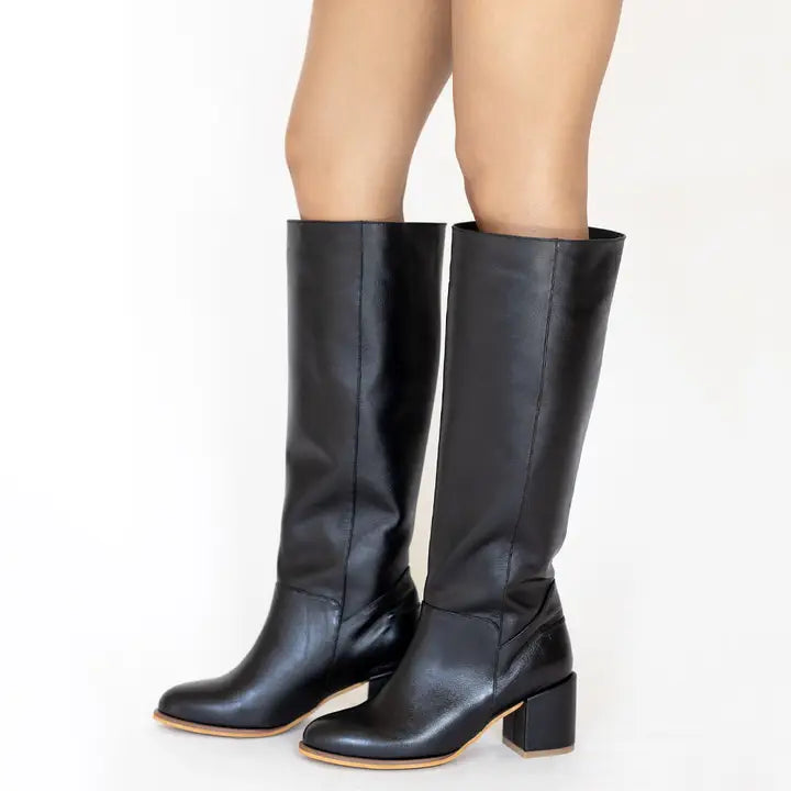 High Block Heel Boots in Black Leather Womens Shoe