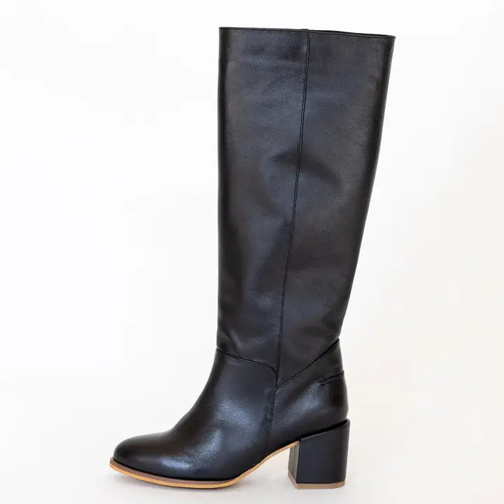 High Block Heel Boots in Black Leather Womens Shoe