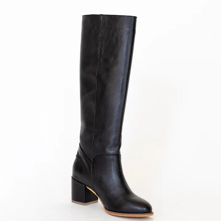 High Block Heel Boots in Black Leather Womens Shoe