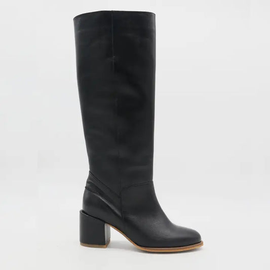 High Block Heel Boots in Black Leather Womens Shoe